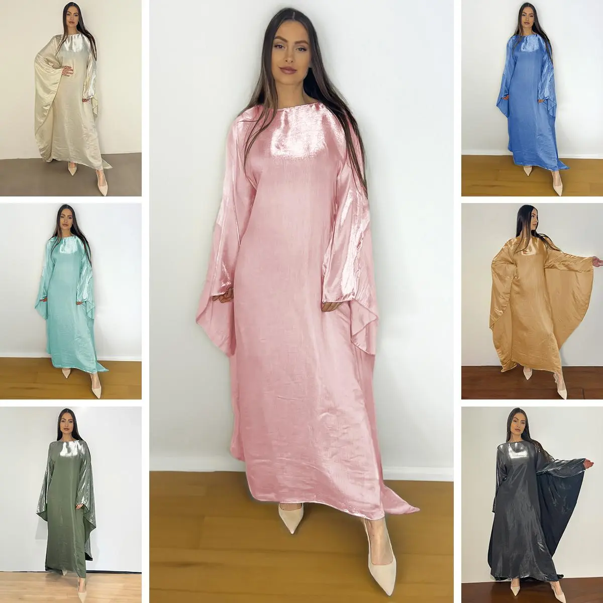 Women's Muslim Fashion Satiny Casual Round Neck Dolman Sleeve Flowy Loose Dress,Plain Comfort Basic Minimalist,Comfortable Womenswear,Cozy Fall & Winter Outfits for Women Lady,Plain Long Sleeve Crew Neck Maxi Muslim Dress,Islamic Clothing for Daily Wear