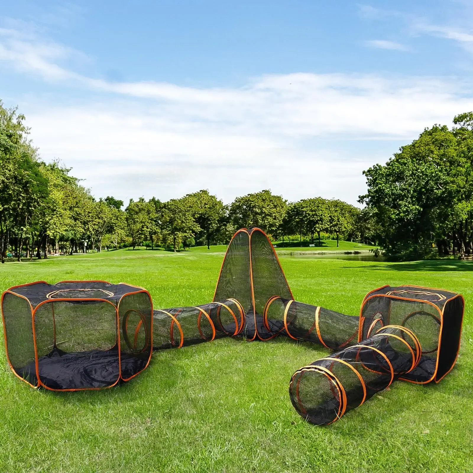 GoDyna Pet Cat and Dog Tunnel Tent,Foldable Pet Playpen with Tunnel, Outdoor Pop Up Pet Playpen Cage Fences House