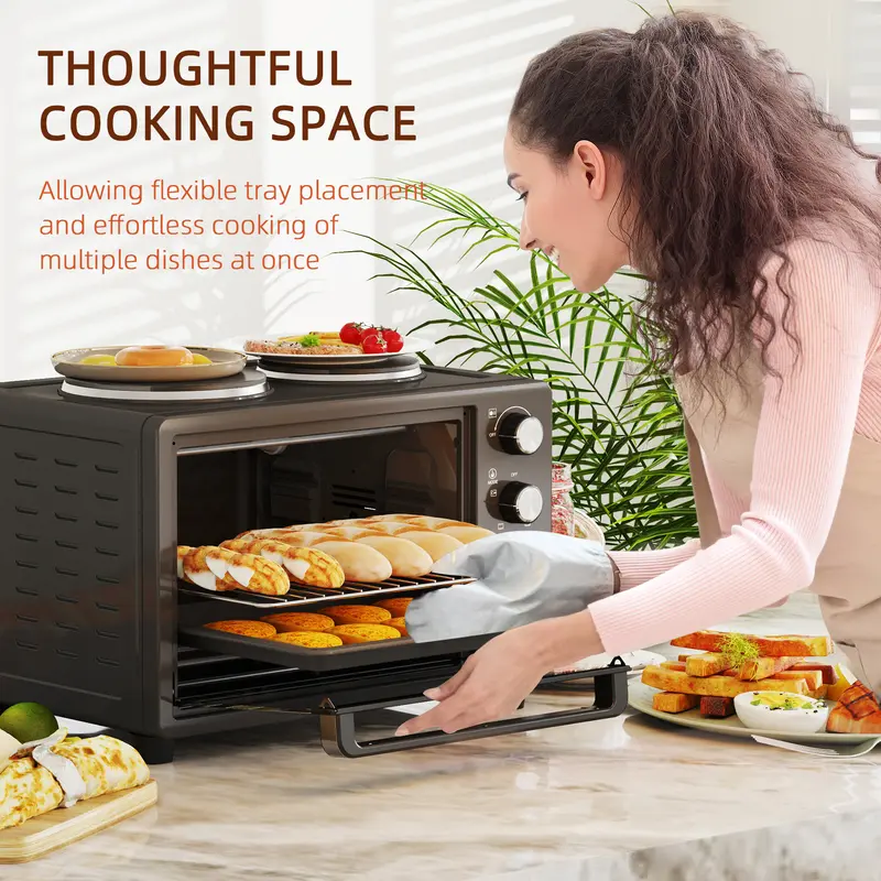 HOMCOM 28L Mini Oven with 2 Hot Plates, Countertop Toaster Oven, Grill, Roast, Bake, Boil, with Timer, Adjustable Temperature, Electric Oven with Baking Tray, Grill Rack, Crumb Tray, 2600W, Black 7