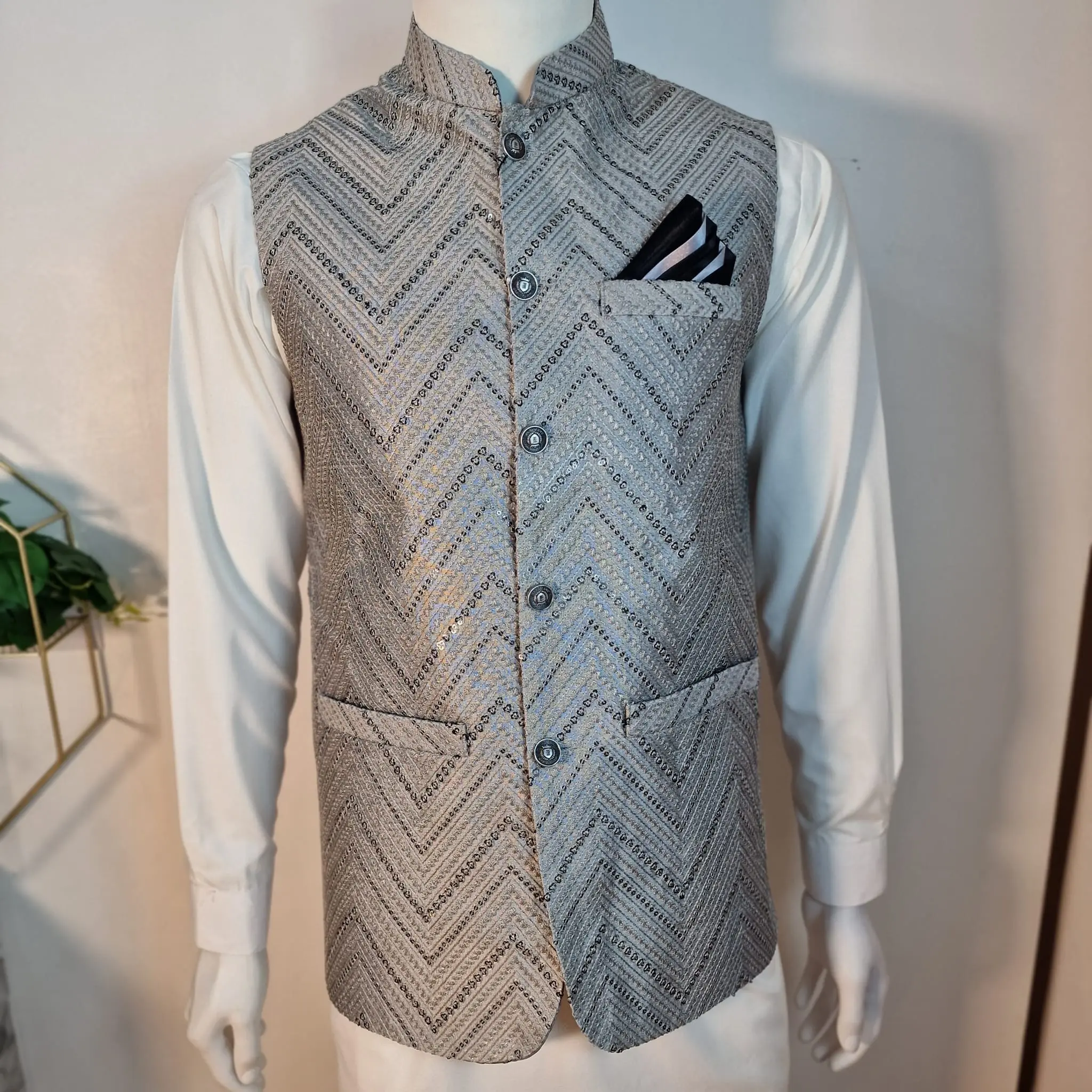 Thread embroidery  with sequences  all around  jacquard fabric  with pocket  square