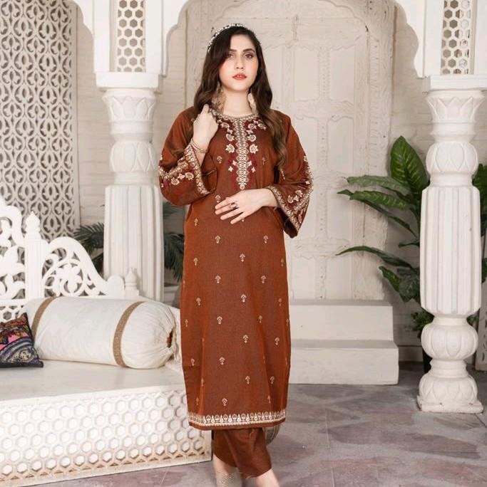 Beautiful Soft Denim 2 Piece Embroidered Casual Outfit For Spring Comfortable Kurta & Trouser Elegance Set Chiffon Dress 3