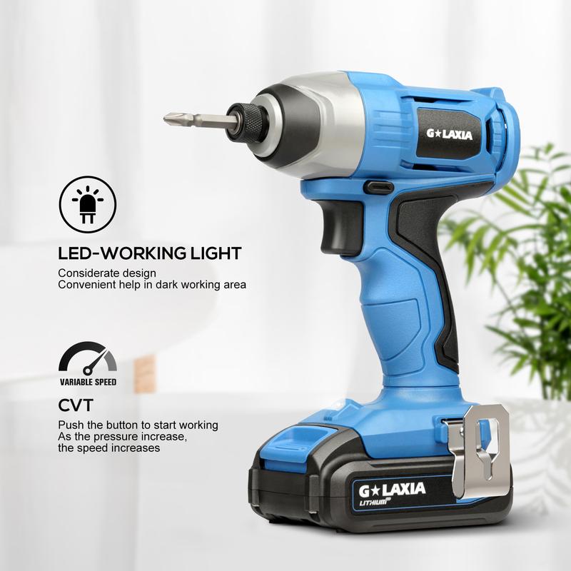 Product Introduction of Rechargeable Impact Driver 20V, Yunirvana Variable Speed (0-2800RPM) Cordless Impact Driver with 6Pcs Screwdriver bits,1.3Ah Battery and Charger，Suitable for Tightening Screws 21