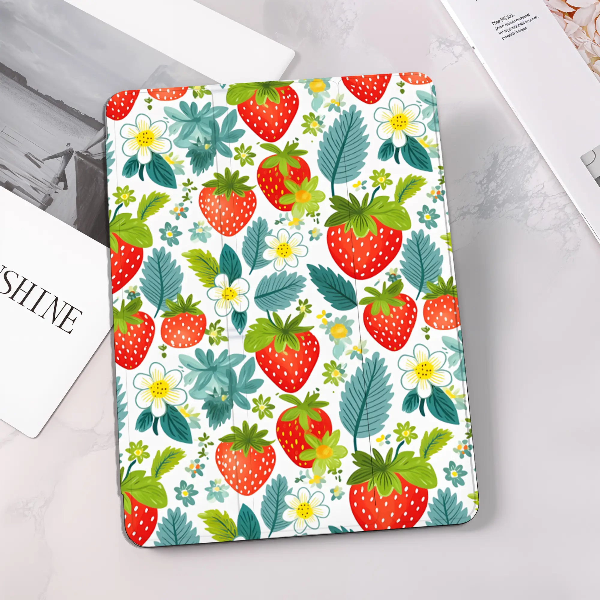 Strawberry and Flowers Pattern Smart Flip iPad Case Cover Full Body Protective Dust proof Anti-Fingerprint iPad Cover, Auto Sleep and awake