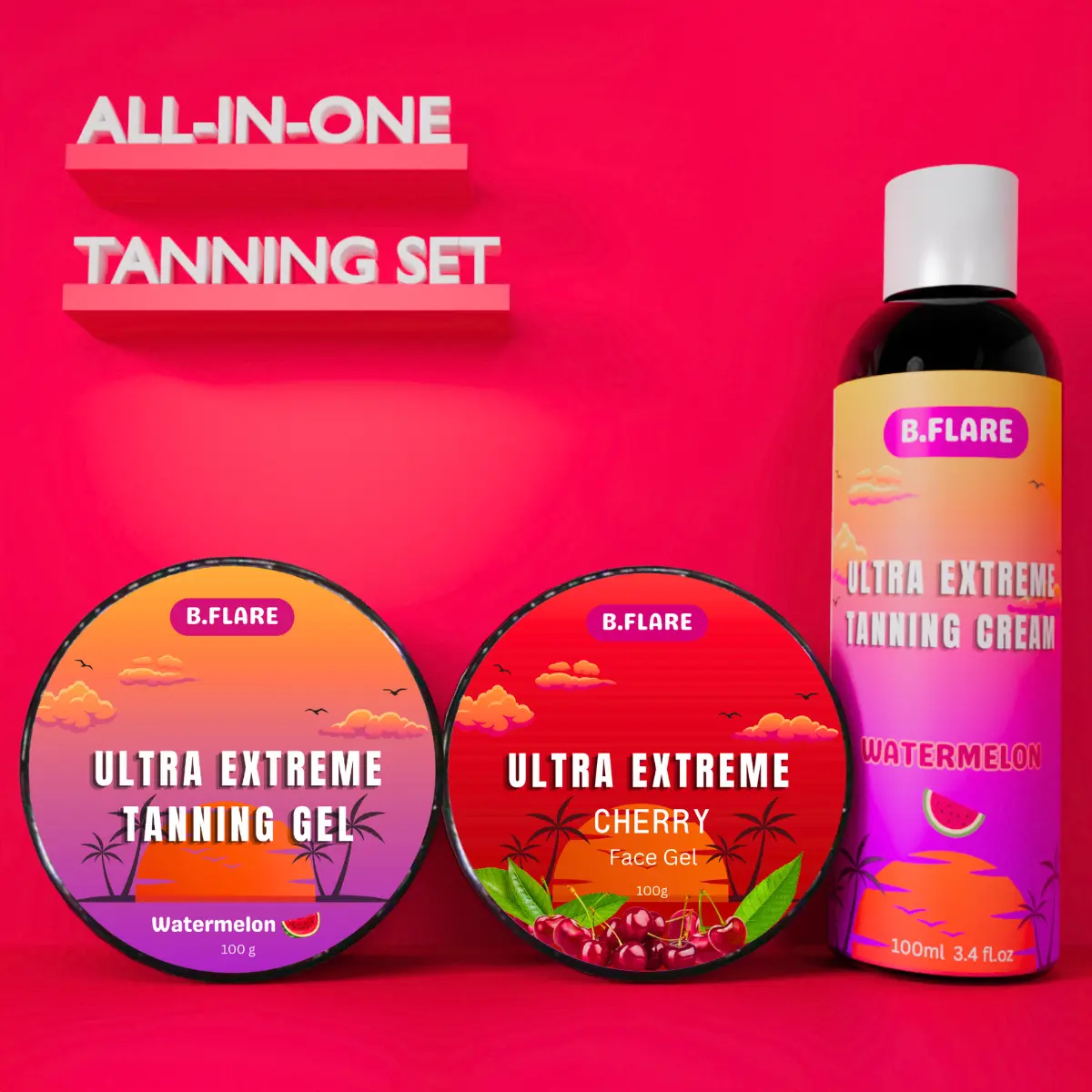 B.Flare Tanning Bundle, Watermelon Tanning Gel & Cream with Cherry Tanning Face Gel, Tanning Accelerator, Sunbed Cream