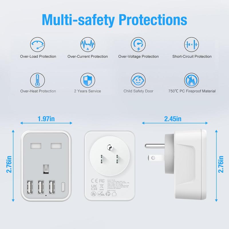 UK to US Plug Travel Adapter, USA Travel Adapter with 4 USB Ports (1 USB C Fast Charger) American to UK Plug Adapter for US Canada Mexico Thailand and More(Type B) Charging Devices Smartphone Cellphone Mobile charger Electronic 2