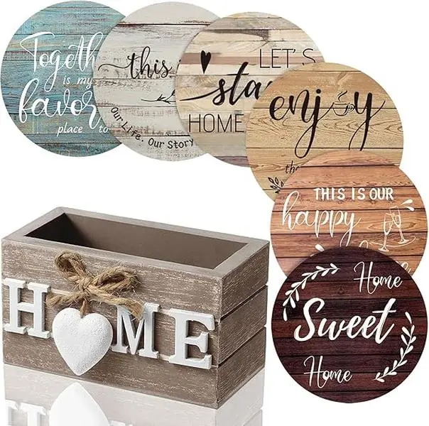 Housewarming Gifts for Home Decoration Wooden Heart Coasters for Drinks Set of 6 Farmhouse Coasters with Holder Funny for Family Friend Coffee Table Protection Tableware