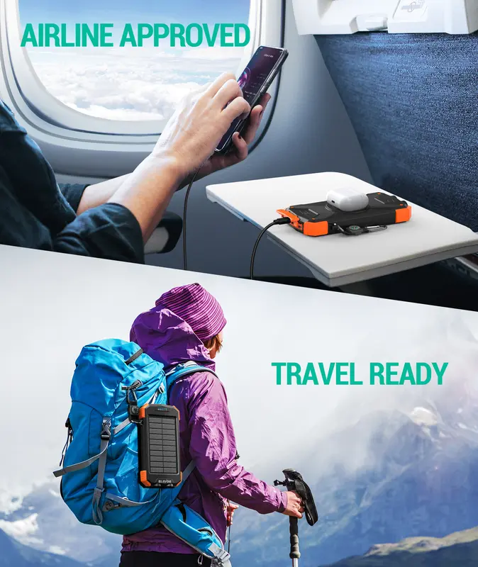 BLAVOR Solar Charger Power Bank, Portable Wireless Charger, 20Watts Fast Charging External Battery Pack with USB C for Cell Phones, Solar Panel Charger with Dual Flashlight for Camping 6