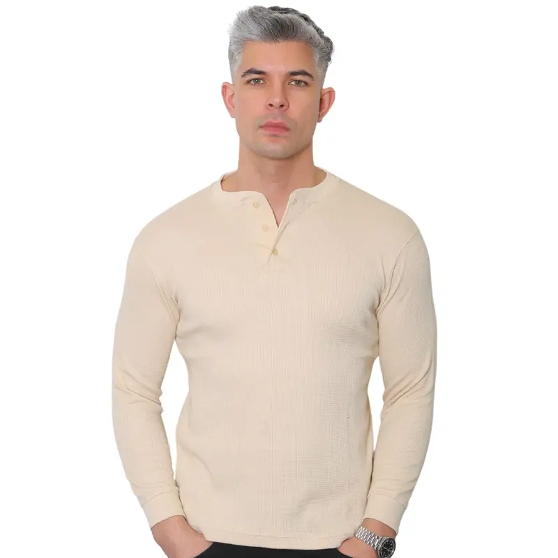 Mens Long Sleeve Henley Shirt Granded Neck Waffle Knit T-shirt Breathable and Comfortable Casual Top M - 3XL Plain Knitwear Jumper represent clothing Menswear Round Neck Grandpa Crewneck Knife Gamis Beige Biker Blue 2