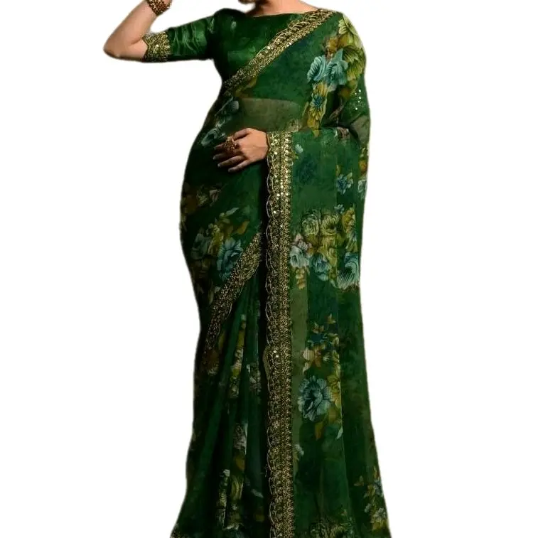 Georgette chiffon with flower print saree with ready blouse size 44" 5