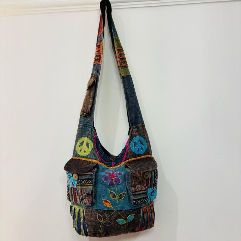 Hippie Crossbody, Boho Cotton Embroidered Bag with Zip Closure 3