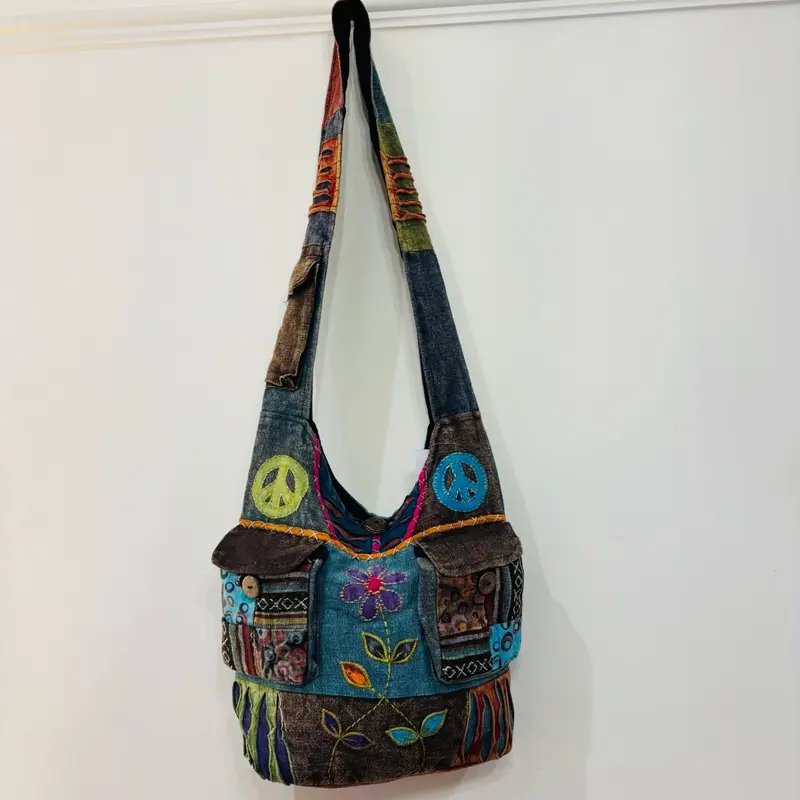 Hippie Crossbody, Boho Cotton Embroidered Bag with Zip Closure 3