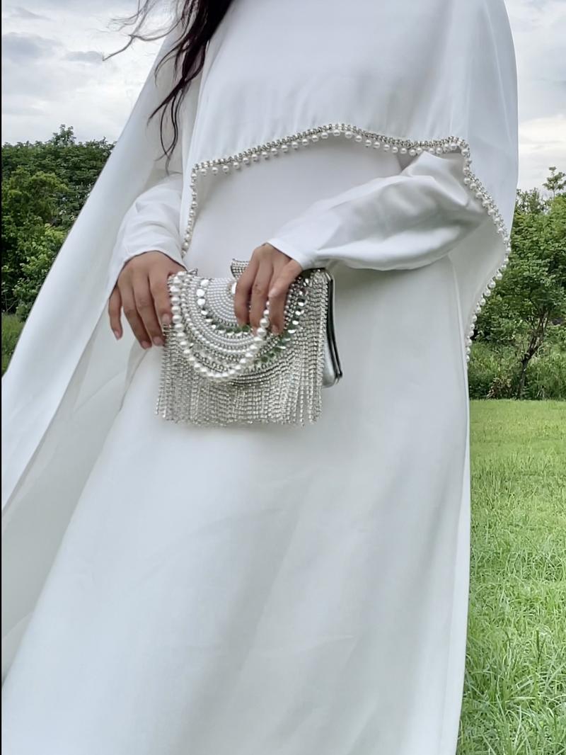 Product Introduction of 2025 Ramadan Promotion Two- piece Satin cape elegant dress , occasion abaya , Modest dress with pearl and crystal 36