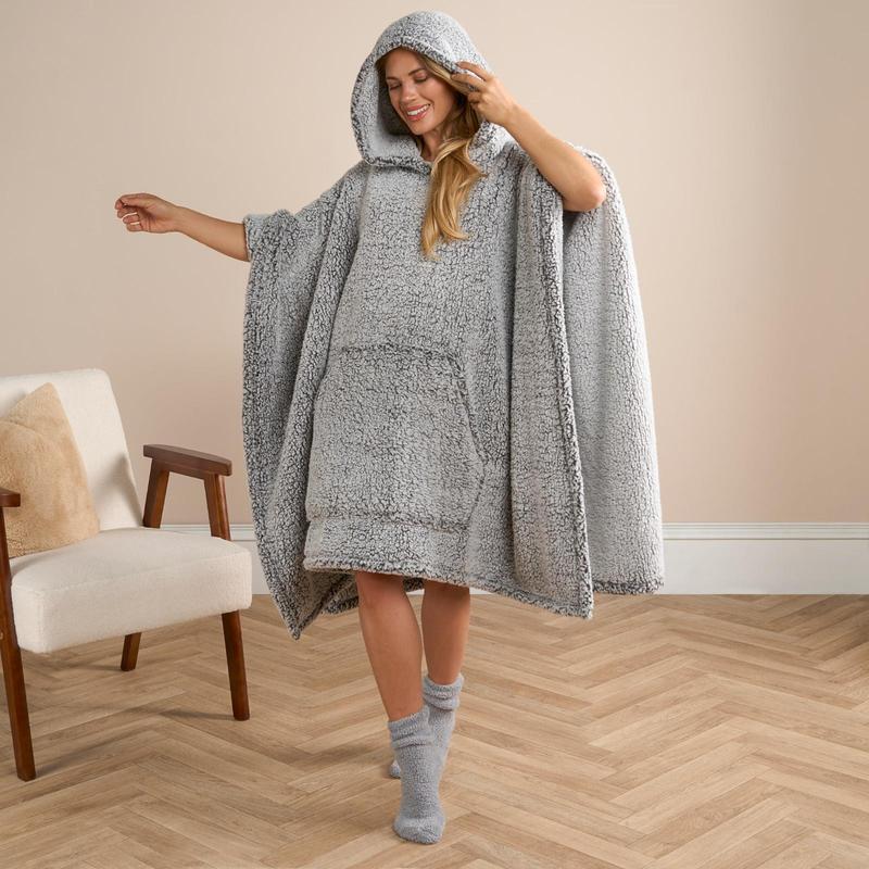 OHS Womens Oversized Teddy Marl Fleece Hoodie Poncho Blanket 0