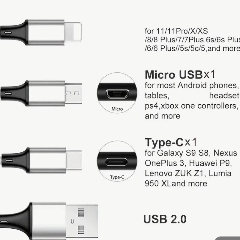 3 in 1 Charging Cable Pack of 3 for Mobile and Electronic Devices - Silver, Fast Charging, 1.2m Length - Cellphone, Smartphone Charger 3