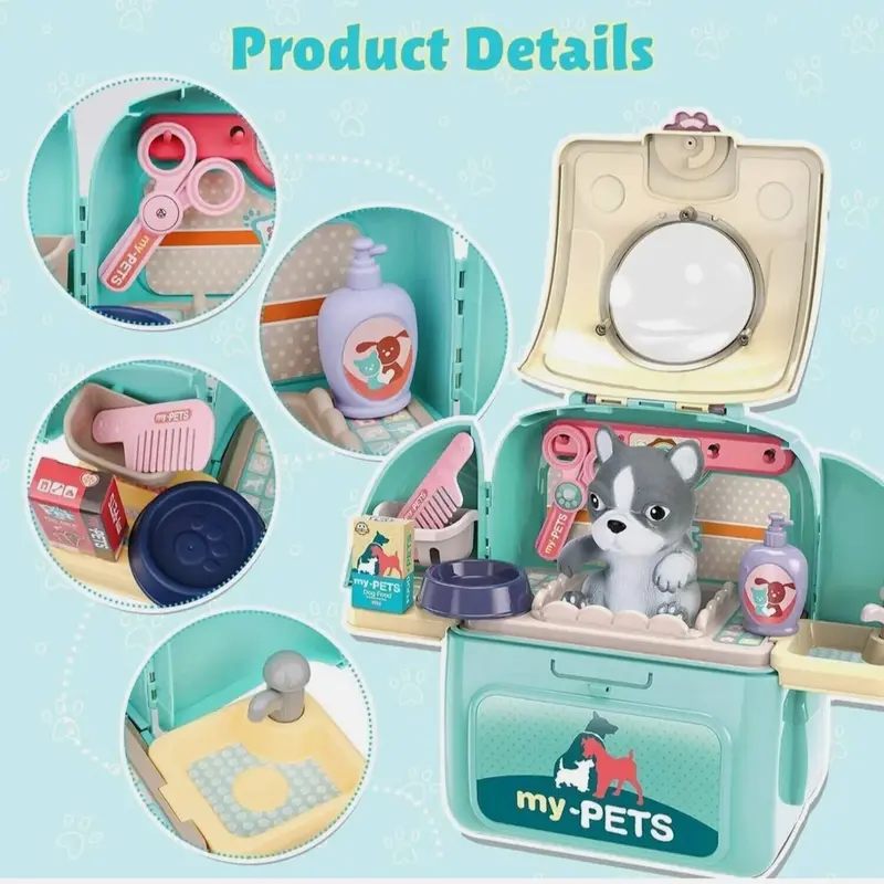 Pet, Rabbit & dog  care  or Cat Grooming Backpack Carry Case Role Pretend Play Kids Toy 2
