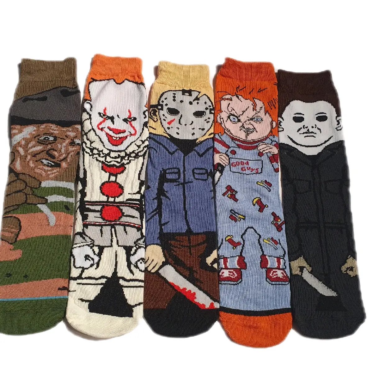 5 x Pairs of Chucky Freddy Kreuger Michael Myers Jason Friday 13th Pennywise IT Unisex Mens Womens Horror Film Character Crew Socks - Size UK 5-10 - Brand New UK Stock - Gift Goth Halloween