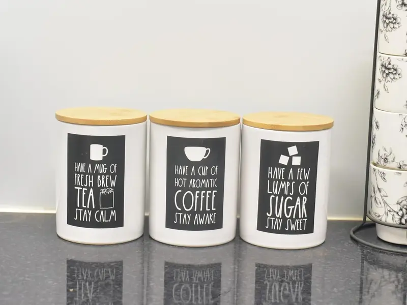 Set of 3 Jars Kitchen Canister Jar For Tea Coffee Sugar Storage Pots Wooden Lid Home Decorative, Kitchen, Dining Table, Eye-Catching Design (White & Black) 1