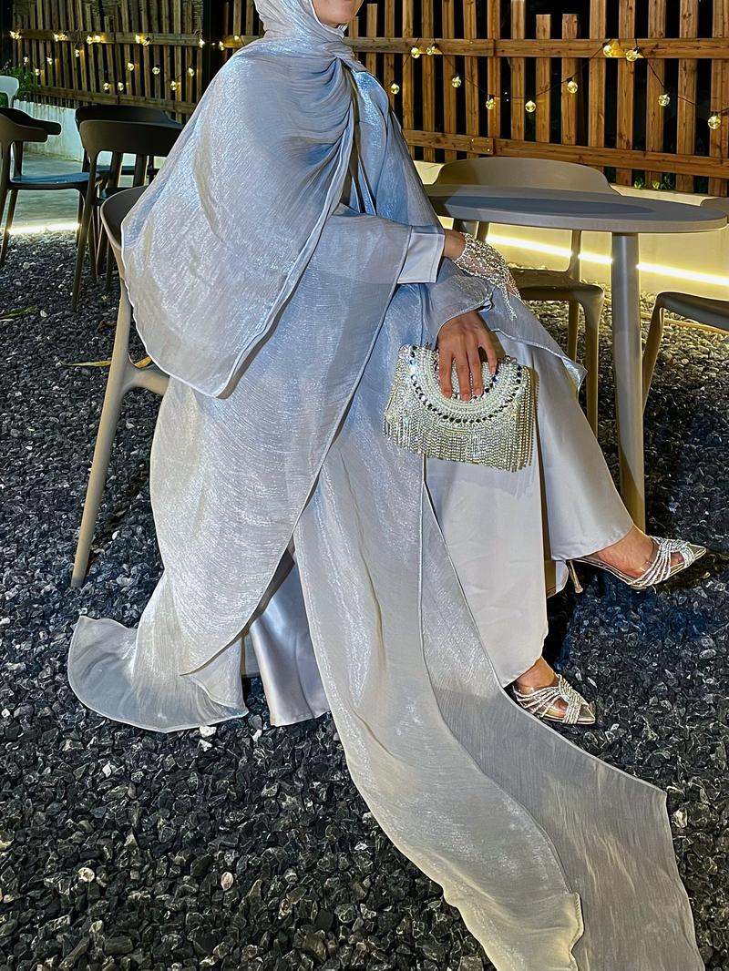 Product Introduction of #LY06  Ramadan Promotion Three-piece Elegant butterfly organza abaya set, shimmer abaya set with inner dress and hijab 18