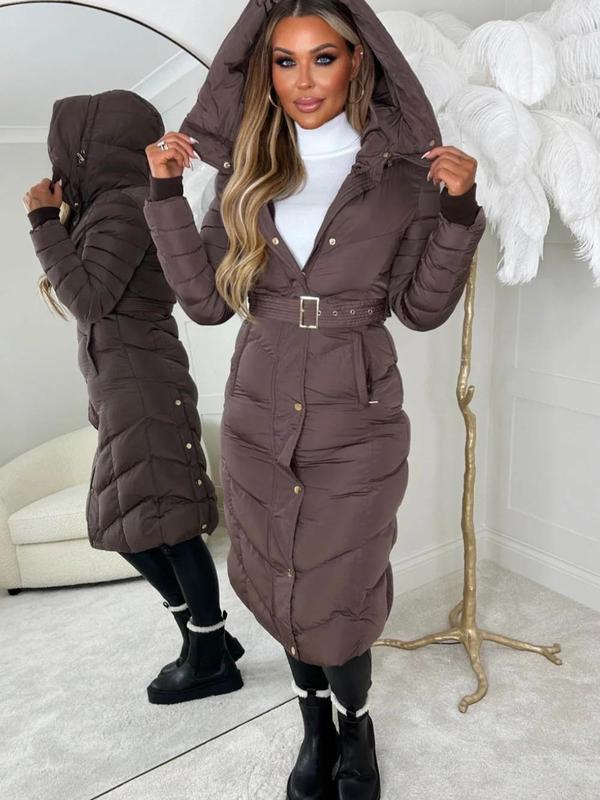 Women's Chevron Style Padded Belt Long Coat for Winter. classic Womenswear Casual Comfort plain modern spring puffer Chic Elegant 4