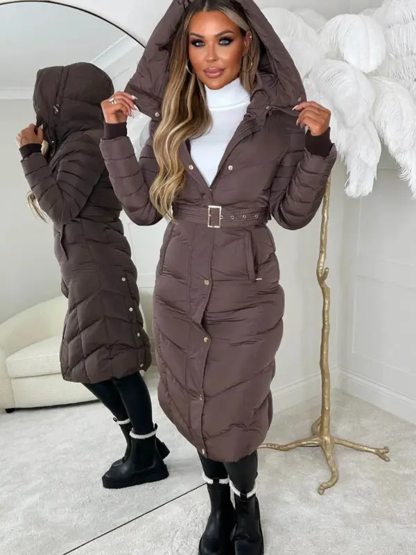 Women's Chevron Style Padded Belt Long Coat for Winter. classic Womenswear Casual Comfort plain modern spring puffer Chic Elegant 4