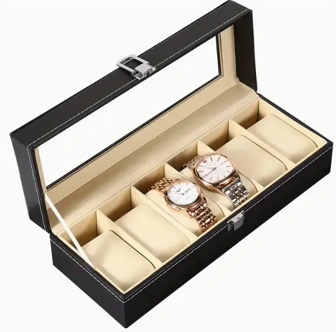 Luxury 6-Slot Watch Box Organizer with Glass Top, Premium Black PU Leather Exterior, Soft Velvet Interior, Square Watch Display Case with Flip-Top Lid for Storage and Showcase 2