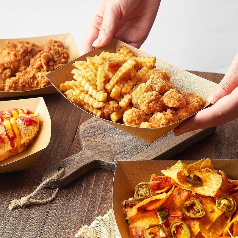 50 X Small Kraft Paper Food Trays | Brown Cardboard Serving Plates Recycled Takeaway Boxes | Disposable Containers Holder Baskets for Chips Burger BBQ Birthday Party Camping Set 6