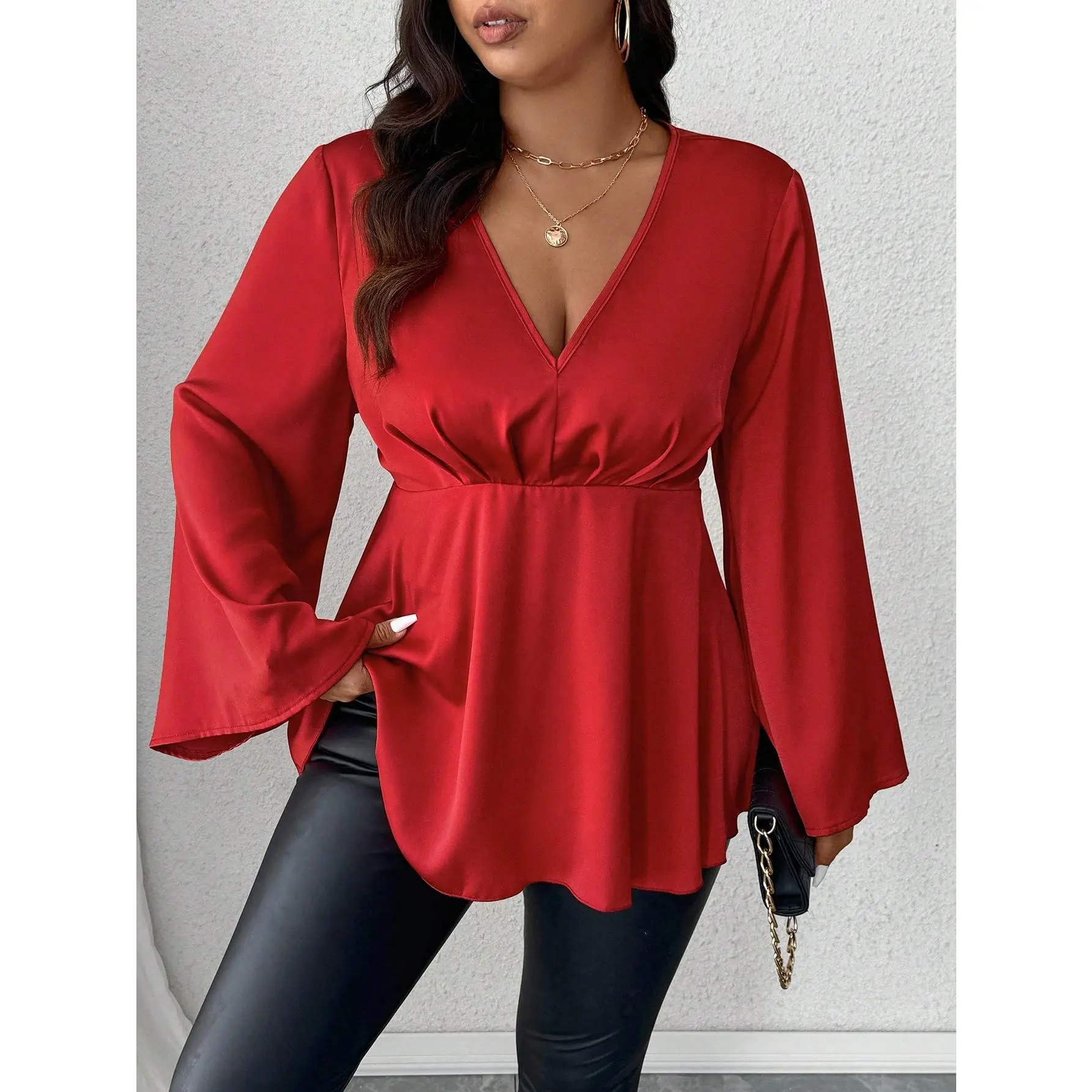 Celure Plus Size V-Neck Ruffled Front Bell Sleeve Shirt For New Year Holiday Party Clothes Peplum Top Fit Polyester
