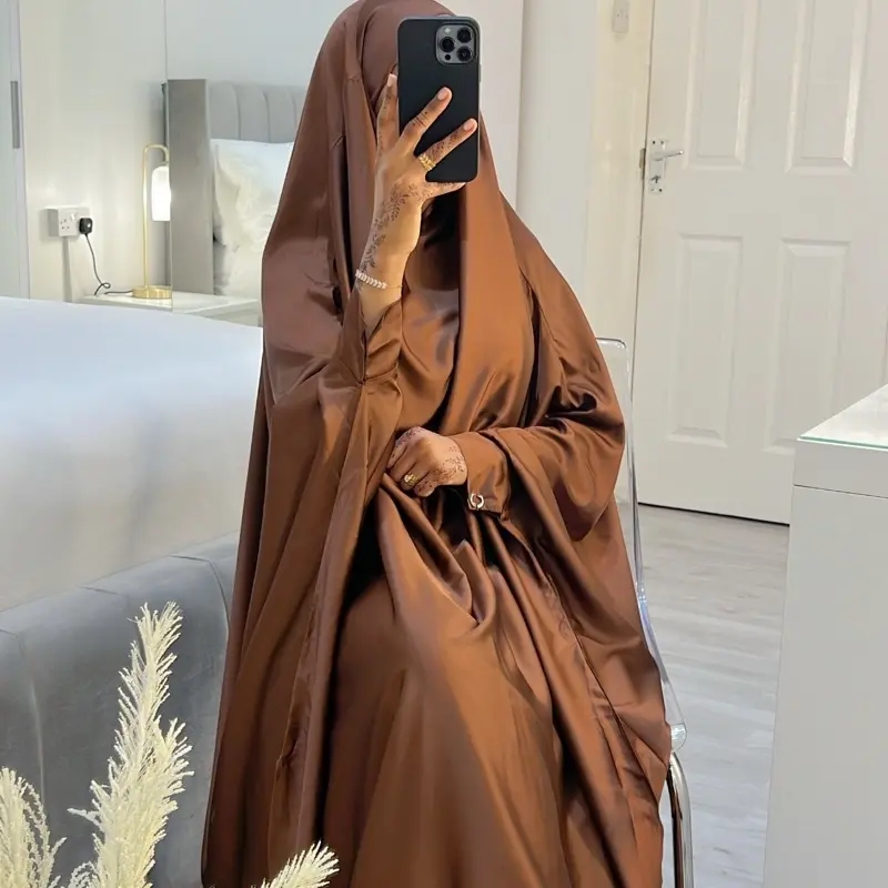 Brown Two-Piece Satin Jilbaab with Tie-Back Strings and Elasticated Skirt 4