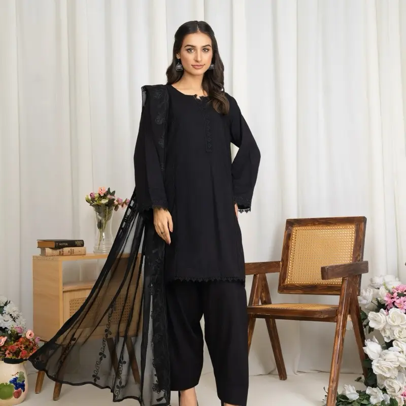 Menaal’s Women’s Luxury Solid  Linen Farshy Shalwar Suit , Multani Embroidered Chiffon Scarf.