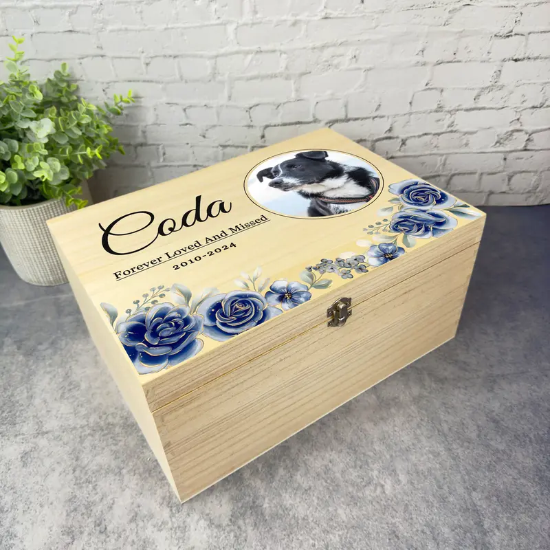 Blue Pet Dog Cat Horse Round Photo Pet Memorial Personalised Wooden Keepsake Box - Memory Storage Box - Memorial Wooden Memory Boxes 4