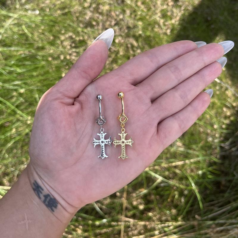 Cross Belly Button Piercing, Gold/Silver Rhinestones Navel Piercing, Pendant Dangle Belly Bar Piercing, Stainless Steel, Navel Rings Gothic ring bars 3