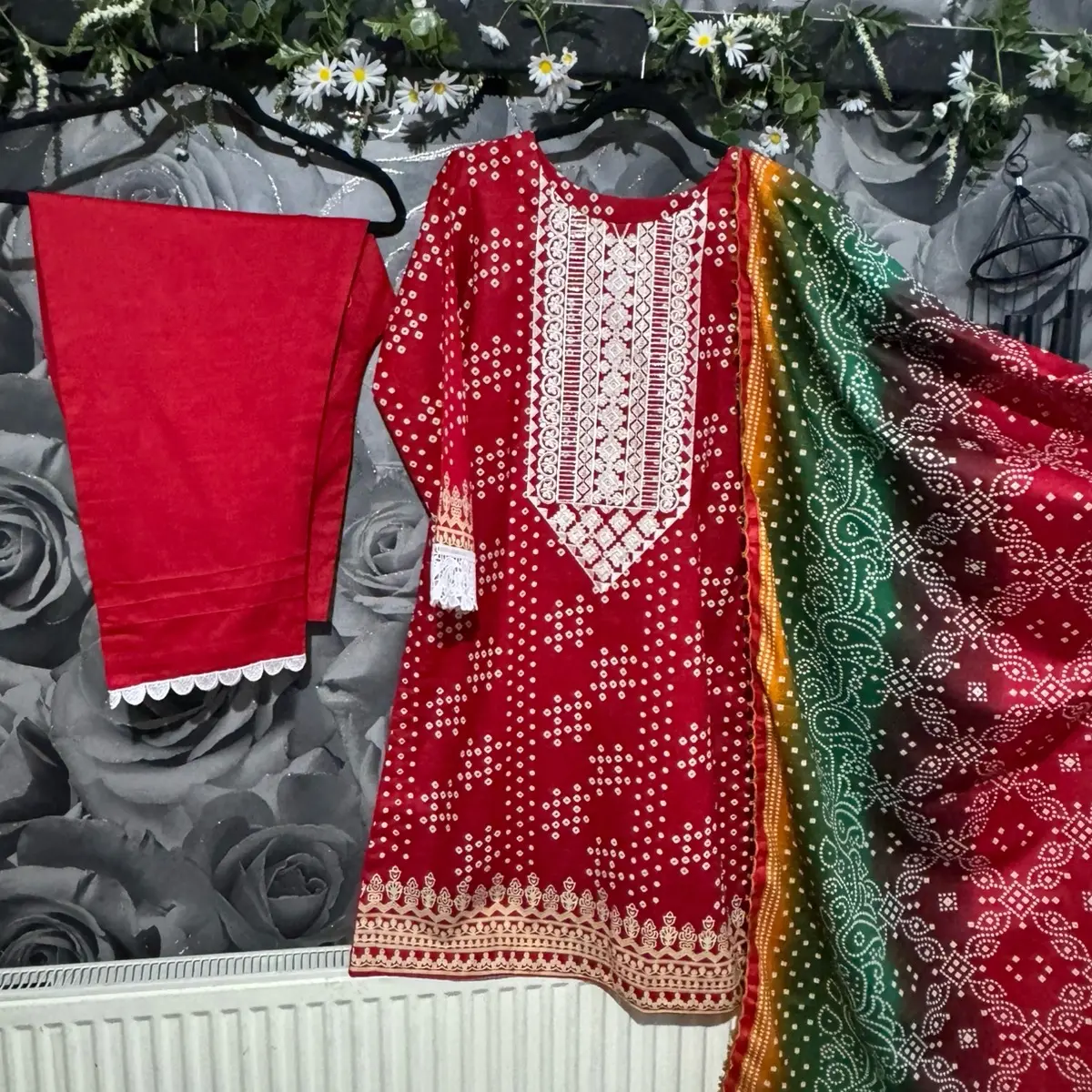 Chunri printed  khadar fabric embroidered neck with sequin work suit