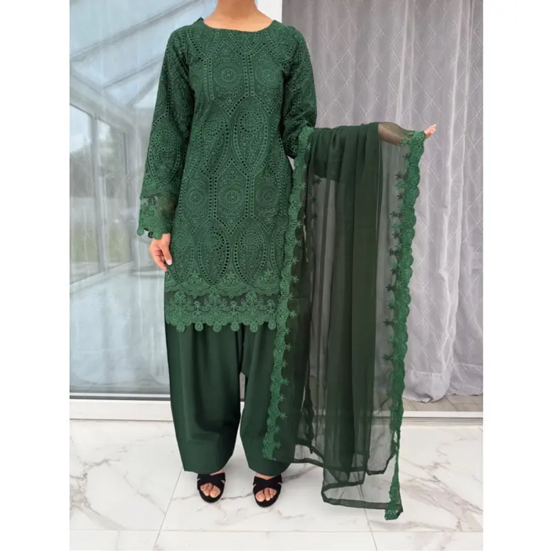 Embroidered Linen Chikan Kari kameez with embroidered chiffon dupatta and plazo/Farshi shalwar - Womenswear 2