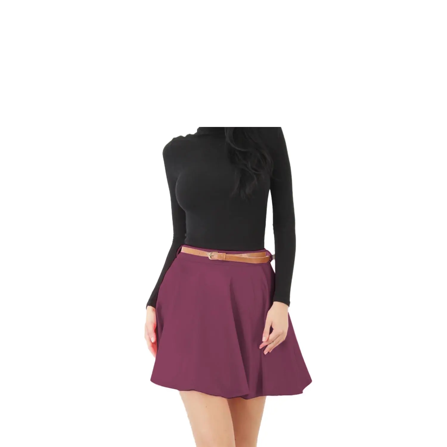 BODYWEAR LTD - Women's Formal Plain Stretch Mini/Short Flared Belted Skater Skirt (Wine, S-M) Womenswear Aesthetic