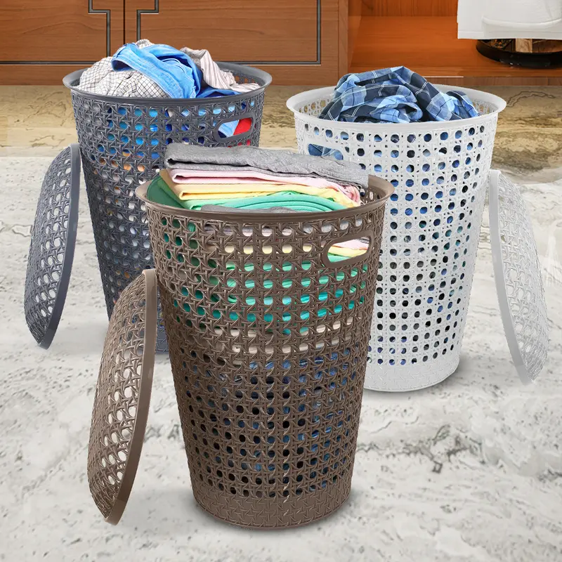 Small Plastic Laundry Basket with Lid and Handles, 48 Litre Basket storage Hamper in Grey, Taupe or White,, 39cm x 26cm x 52cm Organiser Rattan 2
