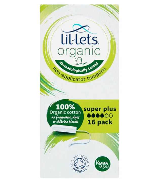 Lil-Lets Organic Non-Applicator Super Plus Tampons, 16 Count (Pack of 1), for Heavy Flow, Made with 100% Organic Cotton, GOTS Certified Vegan Organic Tampons, Plastic Free Period Care Gentle Comfort 0