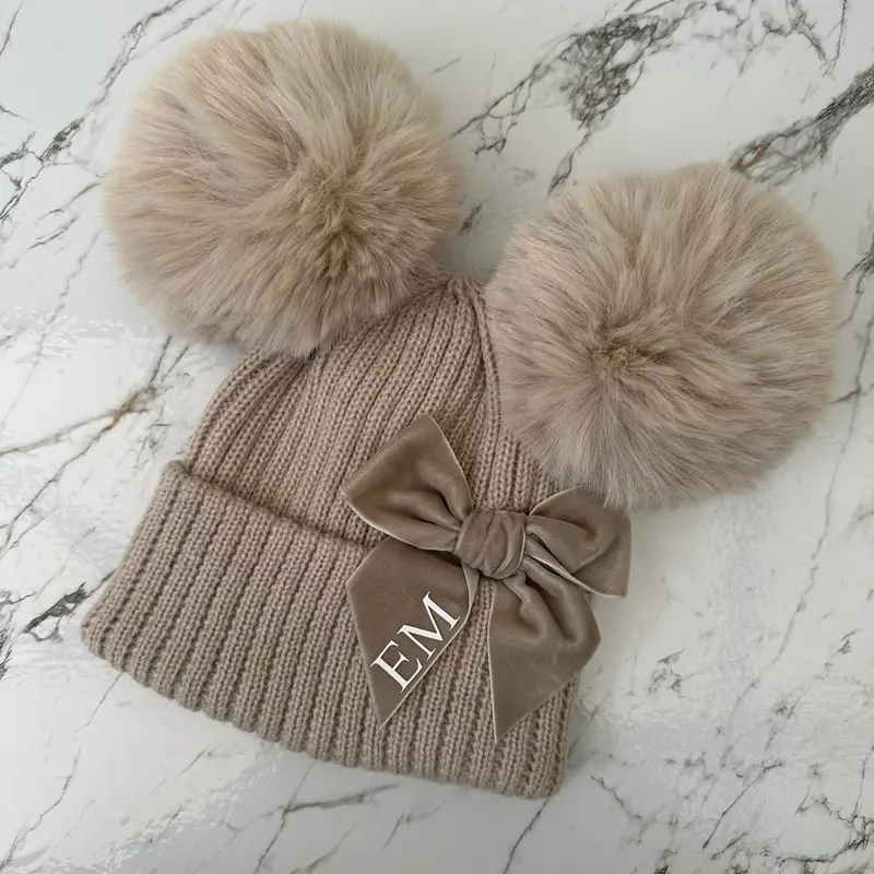 Biscuit or Dusky Pink Double Pom Pom Hat & Mittens - One Size Newborn - 12 Months. 1