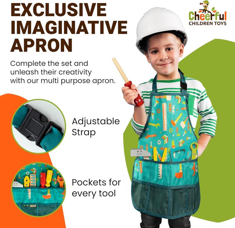 Cheerful Children Toys High-Grade Kids Tool Set - 36 Pcs Wooden Tool Set for Kids 3-7 - Include Portable Tool Box & Adjustable Apron - DIY Gift for Young Builders - Play Tools for Creativity & Fun 1