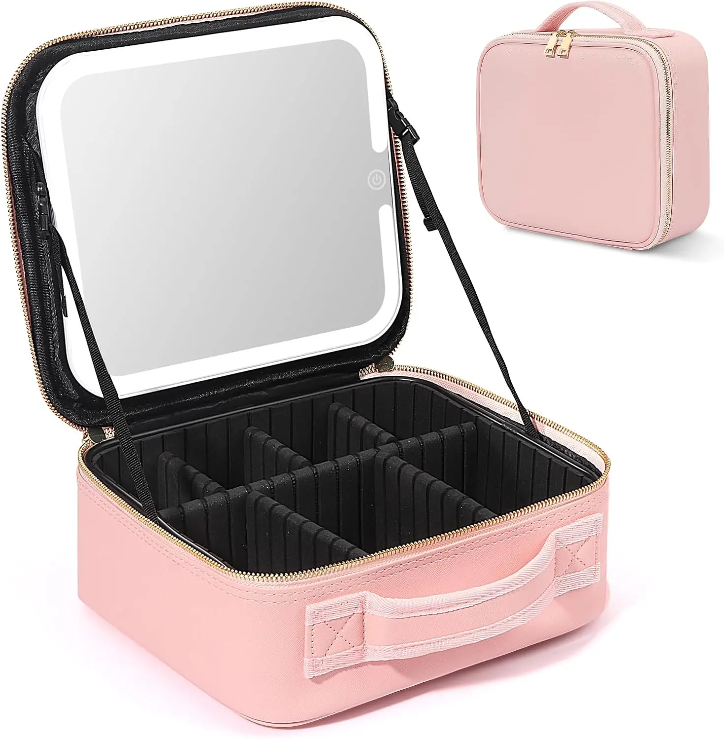 LED Makeup Case, Adjustable LED Mirror Makeup Organiser with Detachable Mirror - Waterproof Pink Makeup Bag with Lights for Women