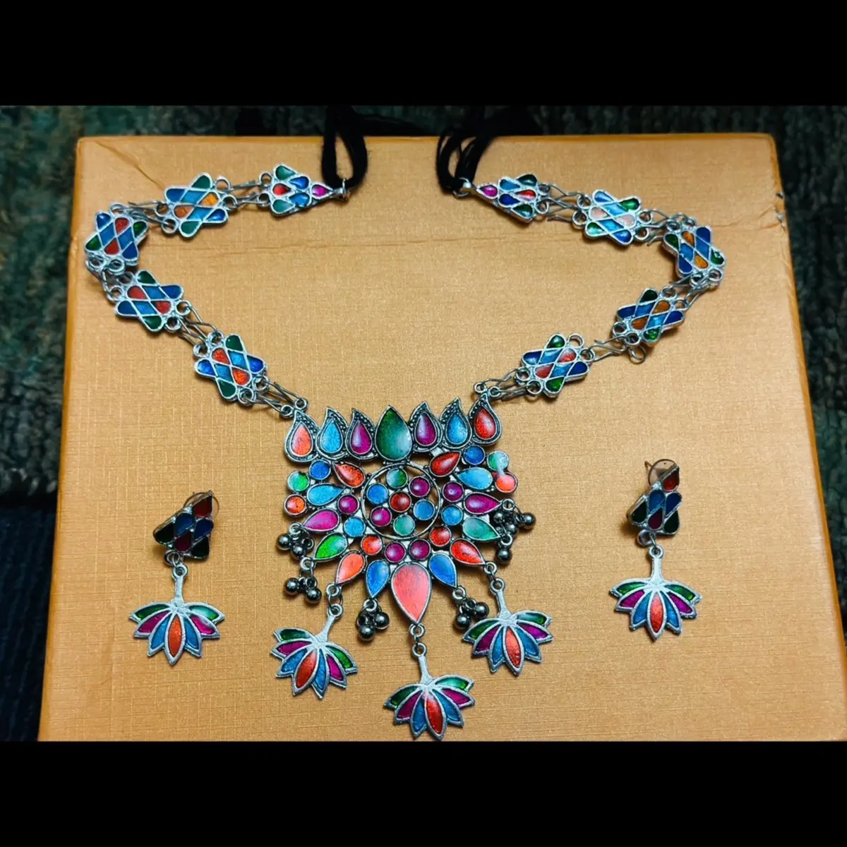 Indian Oxidised Silver Jewellery Set for Women - Long Mala Necklace Earrings in Asian Indian Pakistani Afghani Style