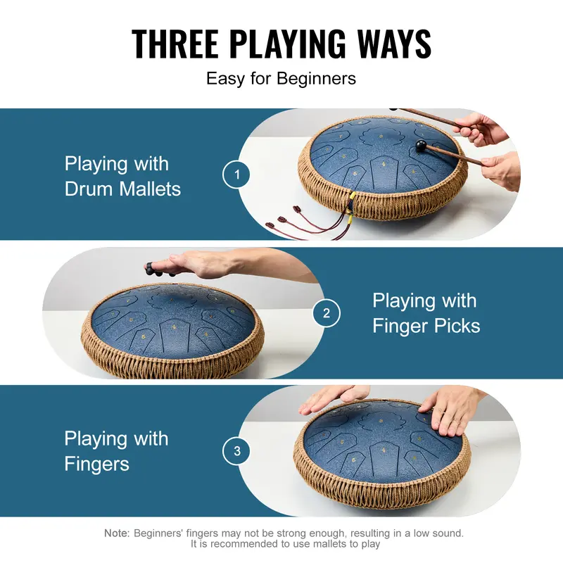 VEVOR Steel Tongue Drum, 14 in & 15 Notes, Rain Drum for Outside Garden, D Major Key, Tank Drum with 2 Mallets & Carry Bag, Hand Pan Drum Percussion Instrument for Musical Education Yoga, Navy Blue 3
