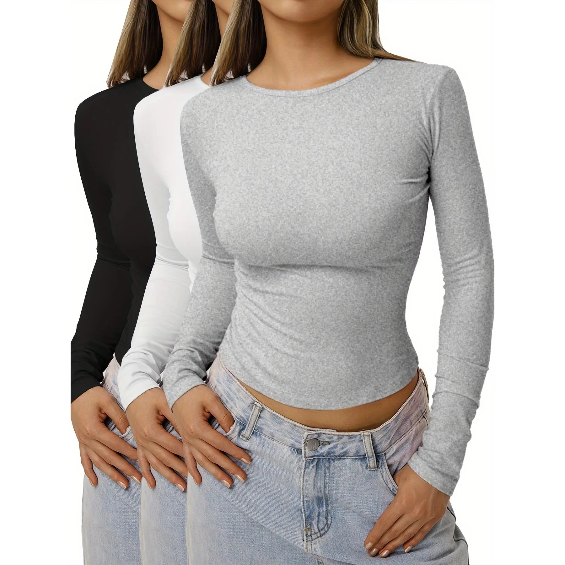 3Pcs Solid Color Basic Casual T-Shirts, Round Neck Long Sleeves Slight Stretch Sports Tees, Women's Tops