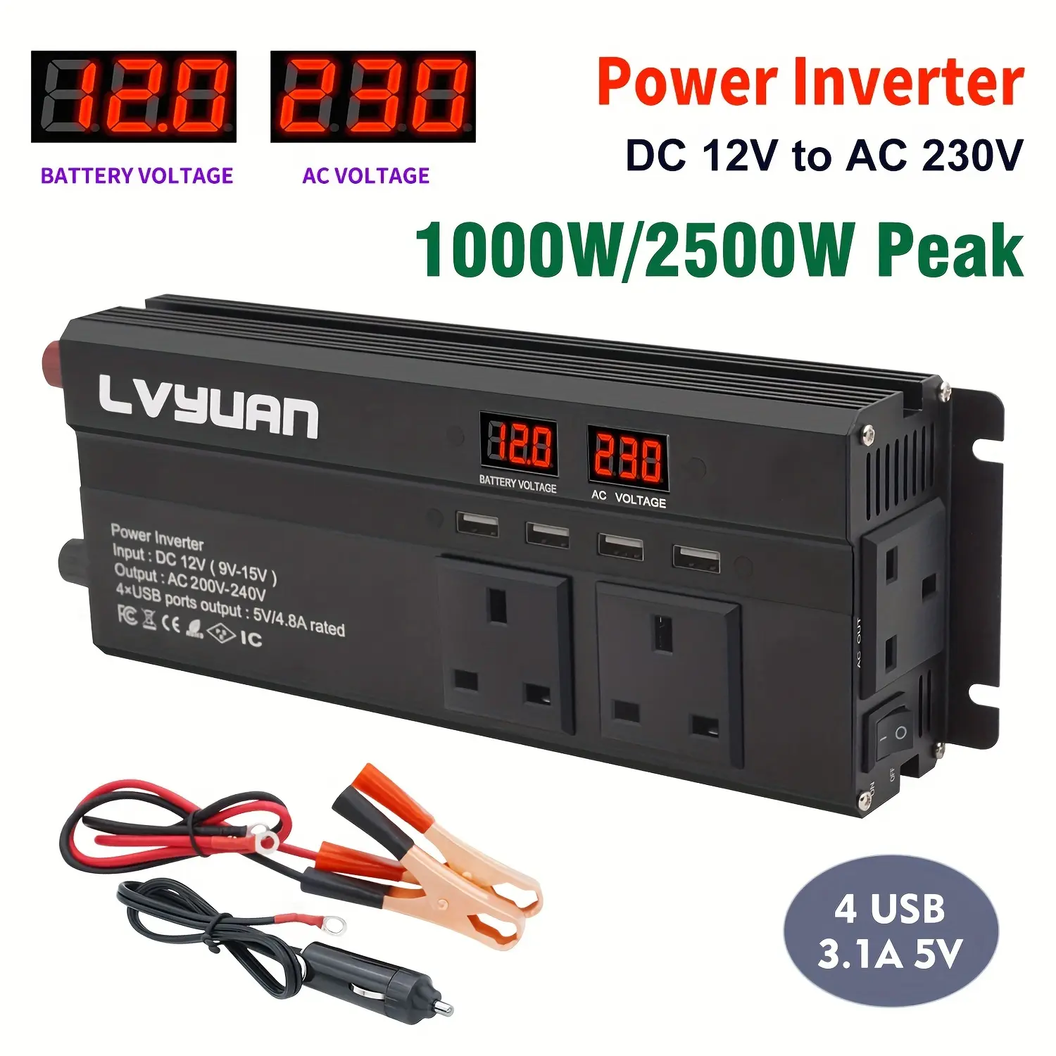 Simplexsh 1000W/2500W (Peak) Car Power Inverter 12V To 220V 230V DC To AC Car Inverter With 3.1A USB Car Adapter, 4 Sockets, Battery Clips, Cigarette Lighter For Car, Home, Outdoors, Camping