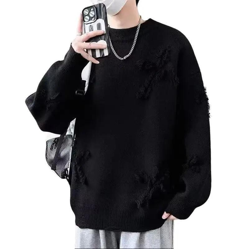 2025 Autumn and Winter Sweater Men's New Retro Ripped Tassel Loose All-match Knitted Sweater Pullover Long Sleeve Pullover Knitwear Menswear Tops Longsleeves Crewneck Round Neck Lawn Beige Casual Plain 8