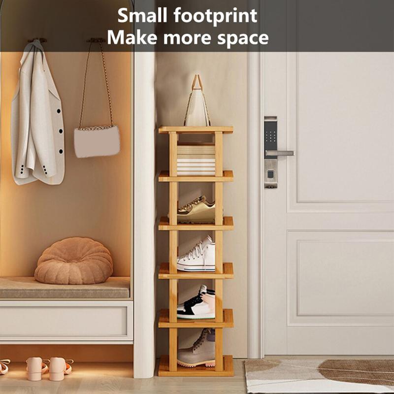 6 Tier Vertical Shoe Rack Tall Narrow Shelf Storage Organizer Slim Shoe Tower UK Bamboo Metal 3