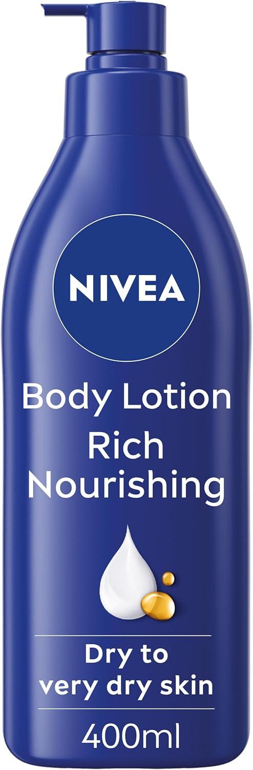 Product Introduction of NIVEA Rich Nourishing Body Lotion (400ml), NIVEA Moisturiser for Dry Skin Made with Deep Moisture Serum, Natural Almond Oil, and Vitamin E, Smooth Skin NIVEA Body Lotion Body Care Blend 5