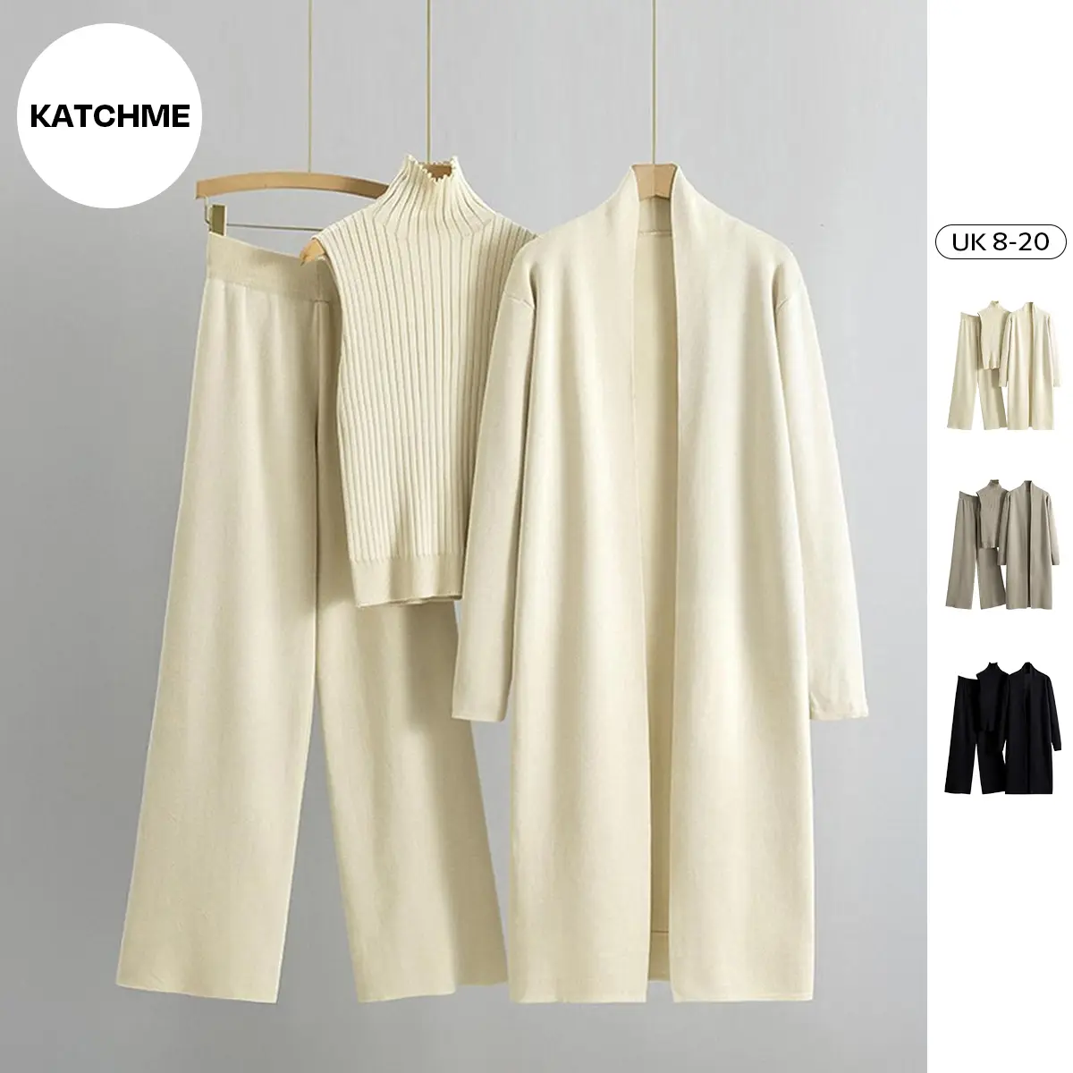 KatchMe Women's Casual Solid Color Turtle Neck Ribbed Tank Top & Wide Leg Trousers with Open-Front Cardigan Three-Piece Set