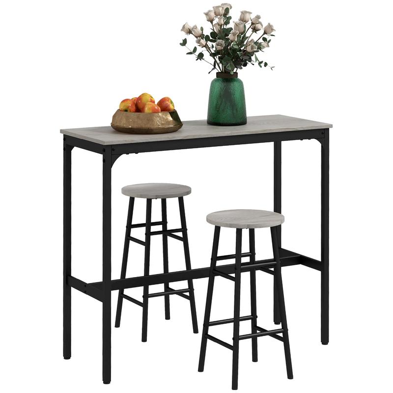 3 Piece Bar Table Set with 2 Stools, Industrial Bar Table and Stool Set, Dining Table and Chair Set for Small Space, Grey 0