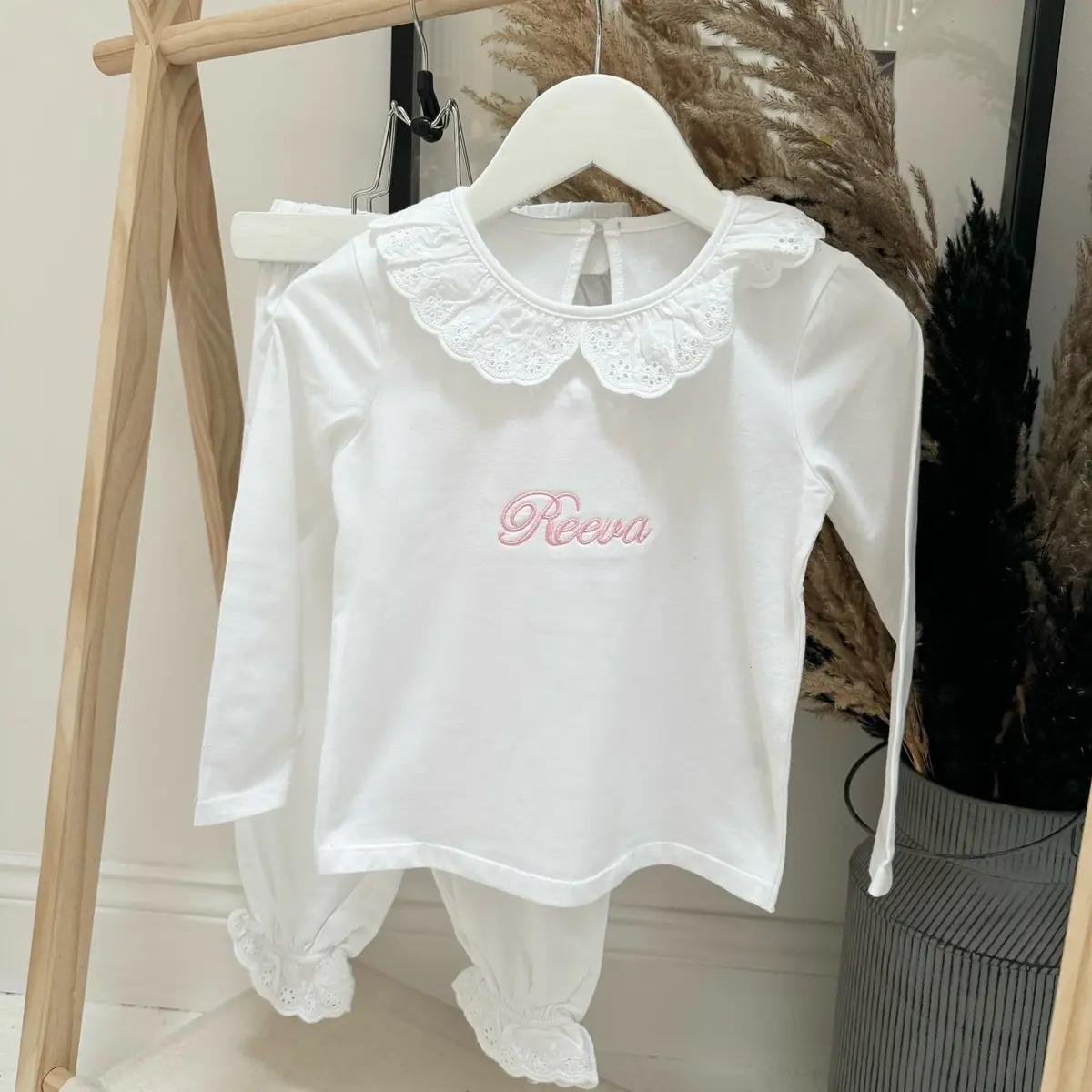 Personalised Girls Pyjama Set in Pink and White, Available in Multiple Sizes