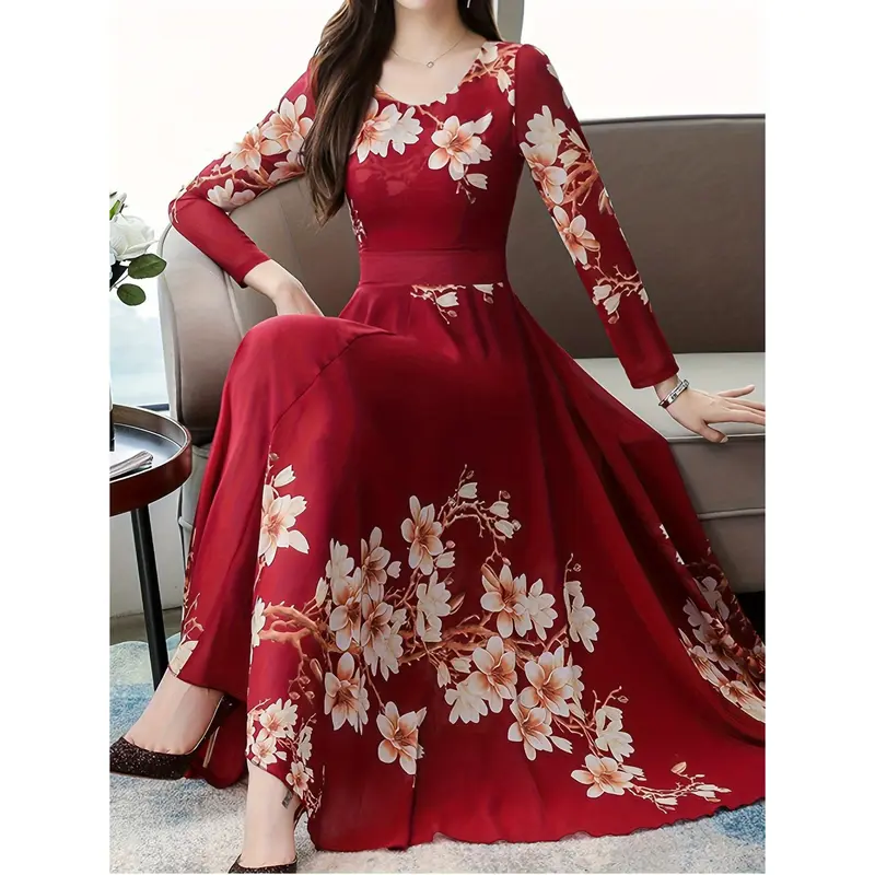 Long Sleeve Midi Polyester A-Line Dress - Elegant Floral Print Crew Neck for Women - Spring/Fall 0